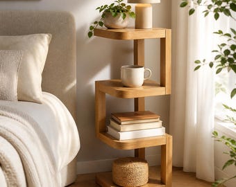 Japandi Wooden Corner Shelf, Geometric Plant Stand, Minimalist Bedside Table, Small Space Wood Display Rack, Modern Home Decor Shelf