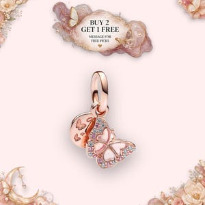 Roze vlinder en citaat dubbele hanger, Europese slangenketting armbandkraal en damesketting hanger, 14k roségoud verguld, S925