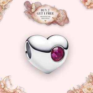 July True Red Stone Heart Charm, European Snake Chain Bracelet Bead and Women's Necklace Pendant, Sterling Silver 925, Holiday Gift Idea