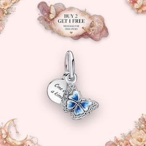 Blauwe vlinder en citaat dubbele hanger, Europese slangenketting armbandkraal, 925 sterling zilveren blauwe hanger, kerstcadeau-idee voor haar