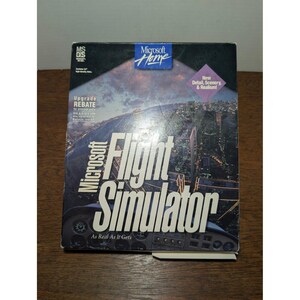 May include: A rectangular Microsoft Flight Simulator software box for MS-DOS featuring a dark night cityscape view from a cockpit. The cover displays the title in large white text, the Microsoft Home logo, and a purple diamond graphic with the text New Detail, Scenery, & Realism! and As Real As It Gets.