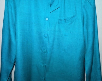 Annees Lauder Paris NY London 100% Silk Turquoise Blazer Midi Skirt Set Large
