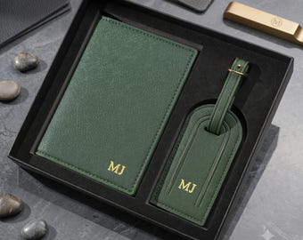 Personalized Passport Holder & Luggage Tag Set, Custom Leather Passport Cover, Engraved Travel Wallet, Gift for Travelers