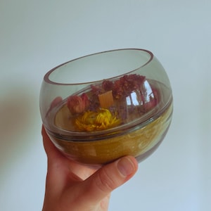 May include: A clear glass candle holder with a slanted design, filled with a yellow candle and dried flowers. The candle has a wooden wick and is surrounded by red and yellow dried flowers. The holder is held in a hand.