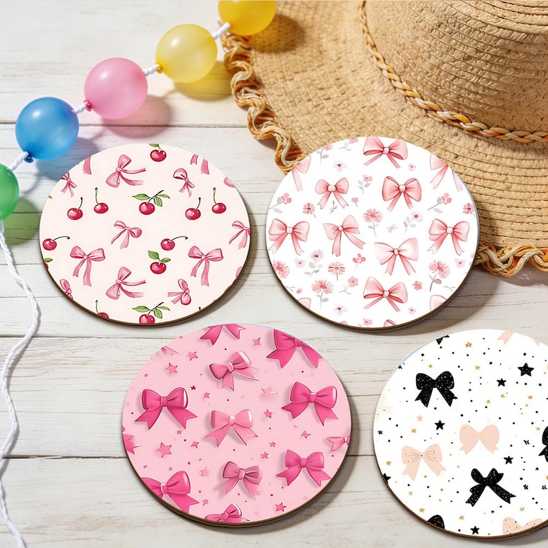 Pink Coaster Set Cute Pink Coquette Coasters, Round Bow Cherry Cup Mat, Girly Desk Decor ...