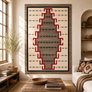 Dywan inspirowany stylem Navajo w stylu południowo-zachodnim, dywan z geometrycznym wzorem plemiennym, dywan wełniany z motywem strzałek, wystrój wnętrz w stylu zachodniego boho, rustykalna sztuka podłogowa