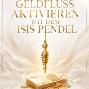 May include: A golden Isis pendulum hangs above a stack of Euro banknotes and gold coins. The image features the text "GELDFLUSS AKTIVIEREN MIT DEM ISIS PENDEL" and "ENERGETISCHE FÜLLE ERSCHAFFEN DURCH PENDELARBEIT" in gold lettering against a white and gold background.