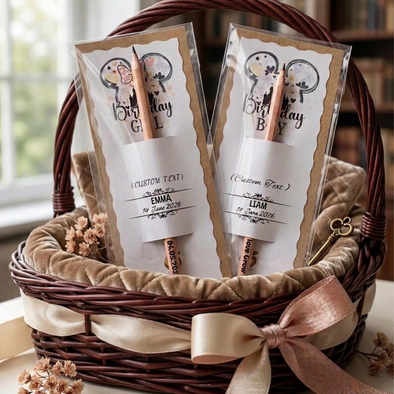 May include: Two wooden pencils in clear plastic sleeves, each attached to a card featuring a mouse-ear silhouette, the text Birthday Girl or Birthday Boy, and personalized names Emma and Liam with dates 14 June 2026 and 18 June 2026.