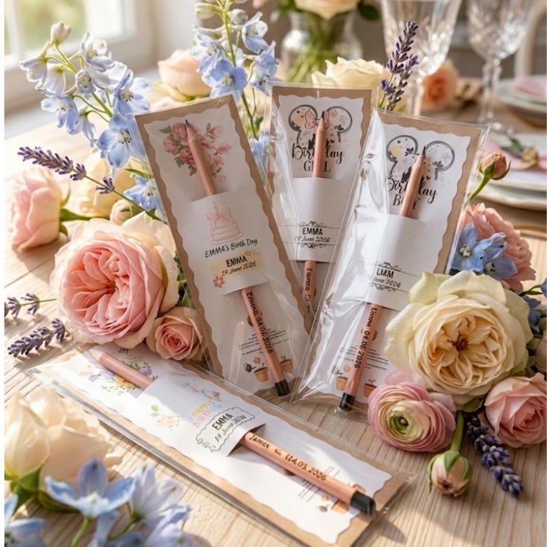 May include: Four wooden pencils in clear plastic sleeves, each attached to a decorative card with floral designs and birthday text. The pencils are personalized with names like Emma and Liam, along with dates, and are surrounded by pink and blue flowers.