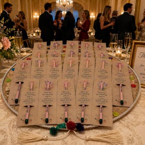 May include: A display of wedding favors on a decorative tray. Each favor includes a pink pencil with the text "One Line" and a small card with floral illustrations and the text "Thank you for celebrating with us" and the names "OLIVIA & JACK".