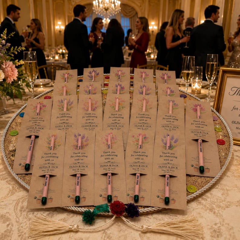 May include: A display of wedding favors on a decorative tray. Each favor includes a pink pencil with the text "One Line" and a small card with floral illustrations and the text "Thank you for celebrating with us" and the names "OLIVIA & JACK".