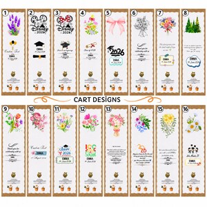 May include: A collection of sixteen vertical rectangular cards featuring various illustrations including flowers, graduation caps, bows, and trees. Each card displays personalized text such as names, dates, and event themes, with a consistent small gold apple icon and two potted plants at the bottom of every design.
