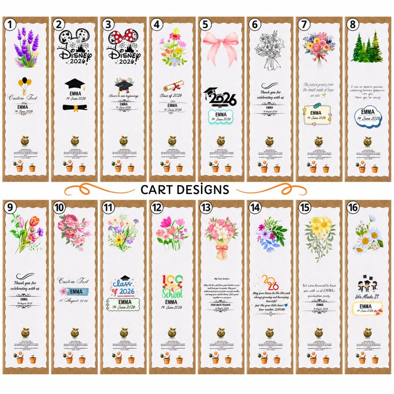 May include: A collection of sixteen vertical rectangular cards featuring various illustrations including flowers, graduation caps, bows, and trees. Each card displays personalized text such as names, dates, and event themes, with a consistent small gold apple icon and two potted plants at the bottom of every design.