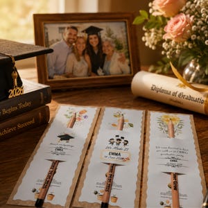 May include: Three rectangular graduation party favors featuring floral illustrations, each holding a wooden pencil. The cards display the name Emma, the date 14 June 2026, and phrases like We Made It. A graduation cap, books, and a diploma are nearby.