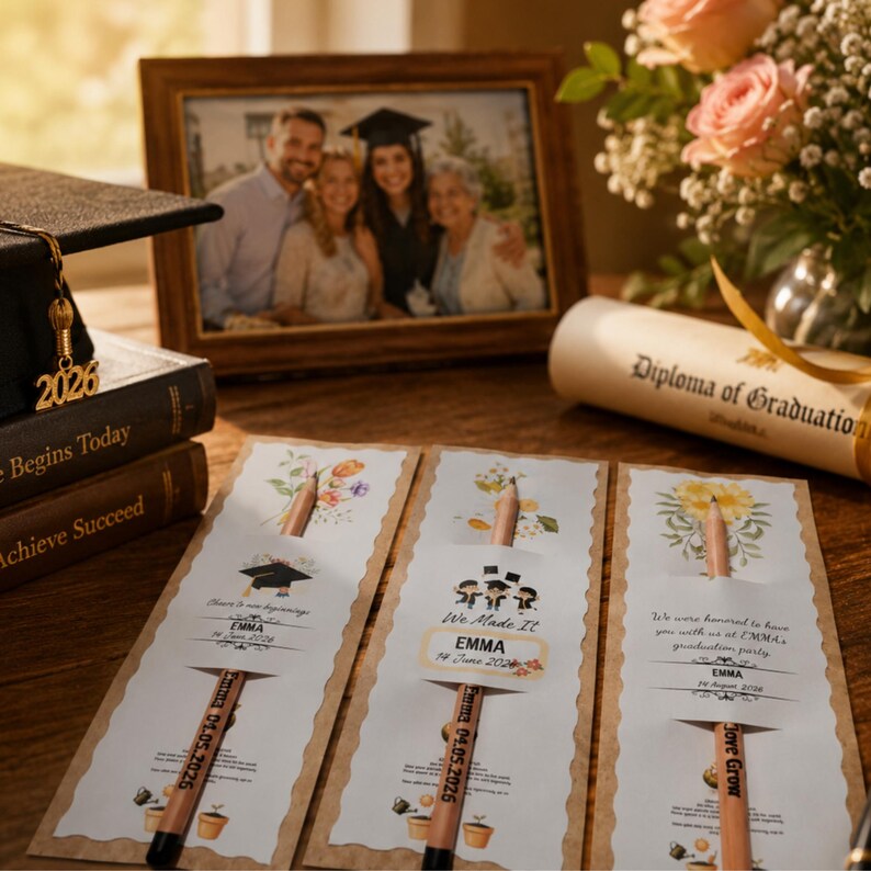 May include: Three rectangular graduation party favors featuring floral illustrations, each holding a wooden pencil. The cards display the name Emma, the date 14 June 2026, and phrases like We Made It. A graduation cap, books, and a diploma are nearby.