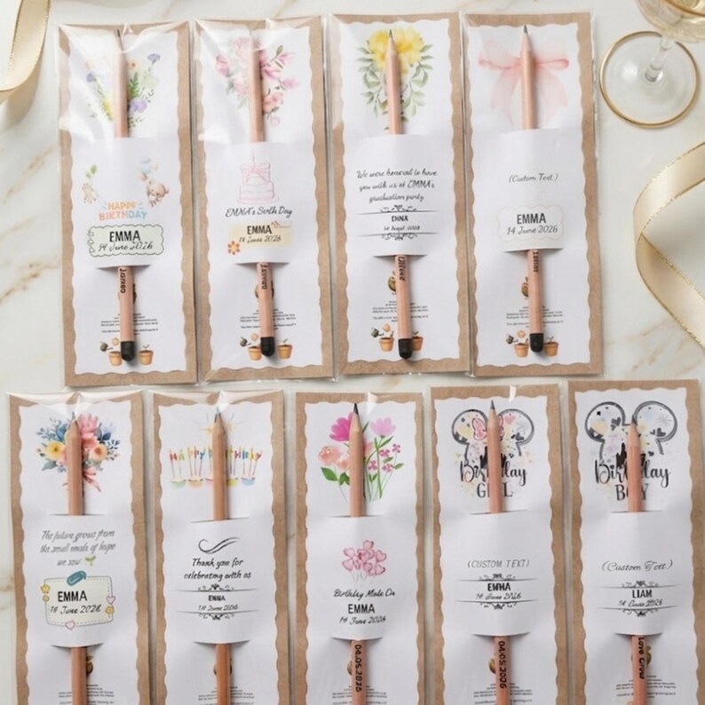 May include: Ten wooden pencils, each individually packaged in a clear sleeve with a decorative card backing. The cards feature various floral, birthday, and castle illustrations with custom text including names like Emma and Liam and dates.