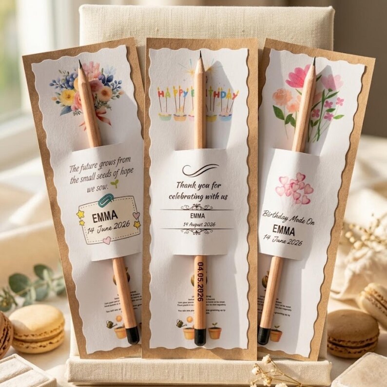 May include: Three rectangular paper bookmarks with scalloped edges, each holding a wooden pencil. The bookmarks feature floral and birthday illustrations, with printed text including names like Emma and dates such as 14 June 2026.
