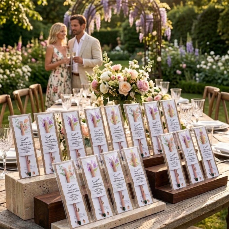 Pu&ograve; includere: Un'impostazione della tavola con diverse penne regalo in confezioni trasparenti, ognuna con un design floreale e il testo "Thank you for celebrating with us". La scena comprende un centrotavola floreale, una coppia e un'ambientazione in giardino.