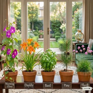 Pu&ograve; includere: Un assortimento di piante in vaso, tra cui Morning Glory, Hemerocallis, Basilico, Pino e Spatifillo, &egrave; esposto su un tavolo di legno scuro. Le piante sono in vasi di terracotta, con etichette identificative. Lo sfondo presenta una luminosa scena esterna soleggiata.