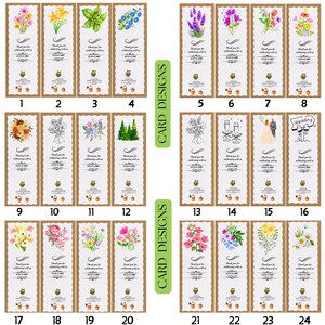 May include: A collection of 24 bookmark designs, each featuring floral or wedding-themed illustrations. The bookmarks have a brown border and include text that reads "Thank you for celebrating with us".