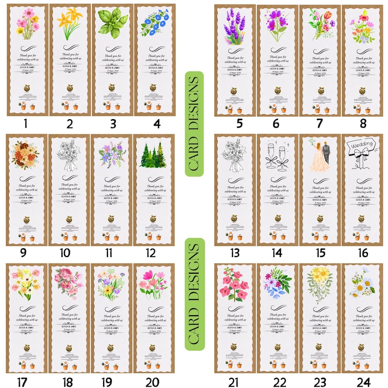 May include: A collection of 24 bookmark designs, each featuring floral or wedding-themed illustrations. The bookmarks have a brown border and include text that reads "Thank you for celebrating with us".