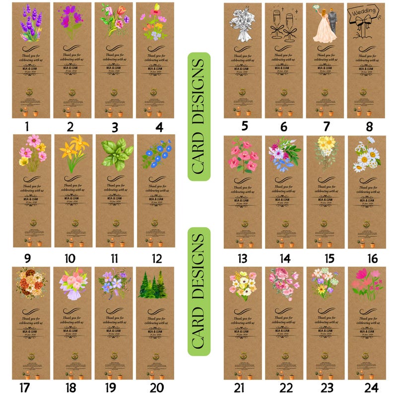 May include: A collection of 24 brown card designs, each featuring a unique floral or wedding-themed illustration. The cards include text that reads "Thank you for celebrating with us" and the names "MIA & LIAM".
