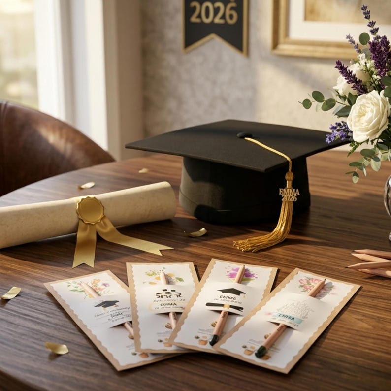 May include: A black graduation cap with a gold tassel featuring a charm that reads EMMA 2026, a rolled diploma tied with a gold ribbon, and four rectangular cards with floral designs, each holding a pencil and displaying graduation-themed text.