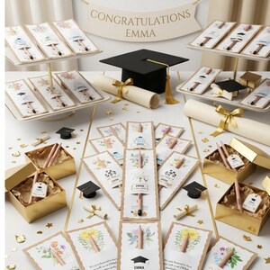 May include: A graduation-themed display featuring pencils attached to floral cards, gold gift boxes, rolled diplomas with gold ribbons, and a black graduation cap. A banner at the top reads CONGRATULATIONS EMMA. The arrangement includes small decorative caps.