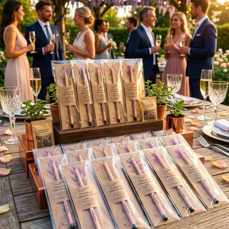 May include: Wedding favors featuring pink pencils with floral designs and the text "Thank you for celebrating with us." The pencils are packaged in clear plastic with a kraft paper backing. The scene includes guests at an outdoor event with champagne.