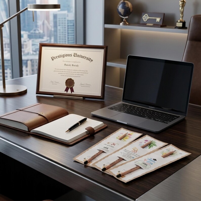 May include: A dark wood desk featuring a framed Prestigious University diploma, a silver laptop, a brown leather-bound notebook with a black pen, and three decorative paper bookmarks with pencils, each displaying floral illustrations and text.