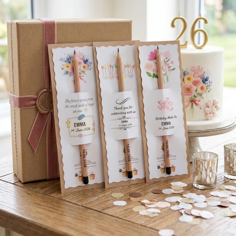May include: Three rectangular cards with scalloped edges, each holding a wooden pencil. The cards feature floral illustrations and text including "EMMA" and "14 June 2026". A large brown gift box with a pink velvet ribbon and a wax seal stands nearby.