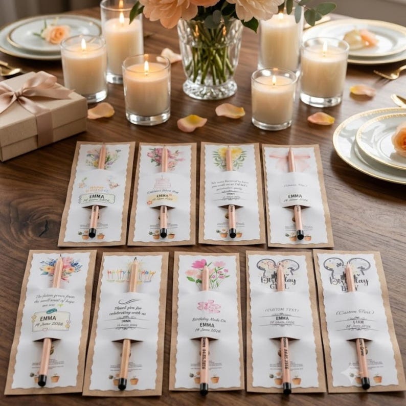 May include: Ten rectangular kraft paper cards with scalloped edges, each featuring a central wooden pencil held by a paper sleeve. The cards display various floral illustrations and printed text including the name Emma and the date 18 June 2024.