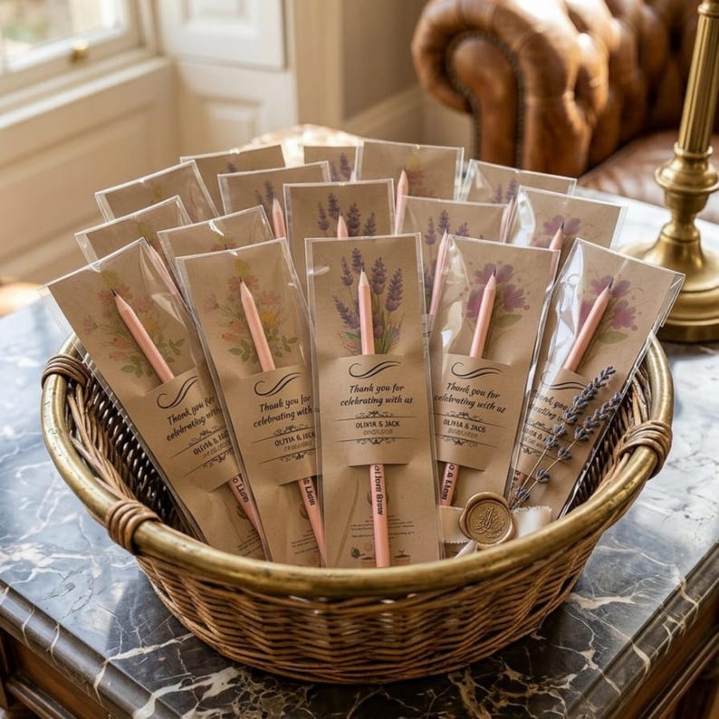 May include: A wicker basket filled with party favors. Each favor includes a pink pencil and a decorative paper sleeve with floral and lavender designs. The sleeves have the text "Thank you for celebrating with us" and the names "Olivia & Jack".