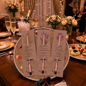 May include: Three pink pencils with floral designs and the text "Thank you for celebrating with us" on brown cards. The pencils are displayed on a round woven tray, with champagne and appetizers in the background. The names "Olivia & Jack" are also printed on the cards.