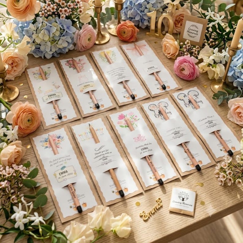 May include: Ten wooden pencils, each inserted into a decorative paper card featuring floral illustrations and the name Emma with a date. The cards are arranged on a wooden surface surrounded by various fresh flowers, including blue hydrangeas.