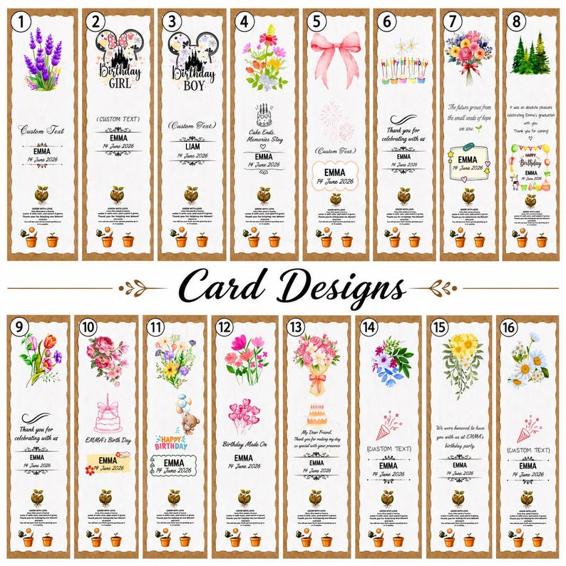 May include: Sixteen rectangular vertical cards featuring diverse watercolor illustrations including flowers, bows, and birthday themes. Each card displays customizable text, names, dates, and a small graphic of two potted plants at the bottom edge.