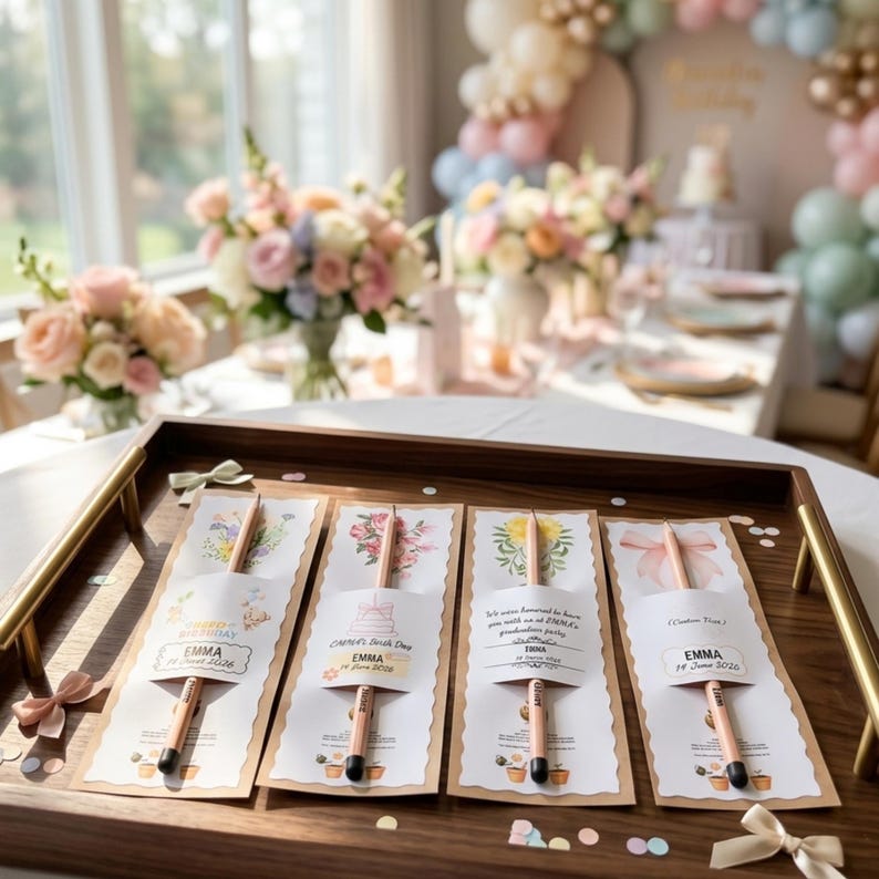 May include: A dark wood serving tray with gold handles holding four rectangular paper cards, each featuring a wooden pencil. The cards display floral illustrations, birthday cake graphics, and the printed name EMMA with the date 14 June 2026.
