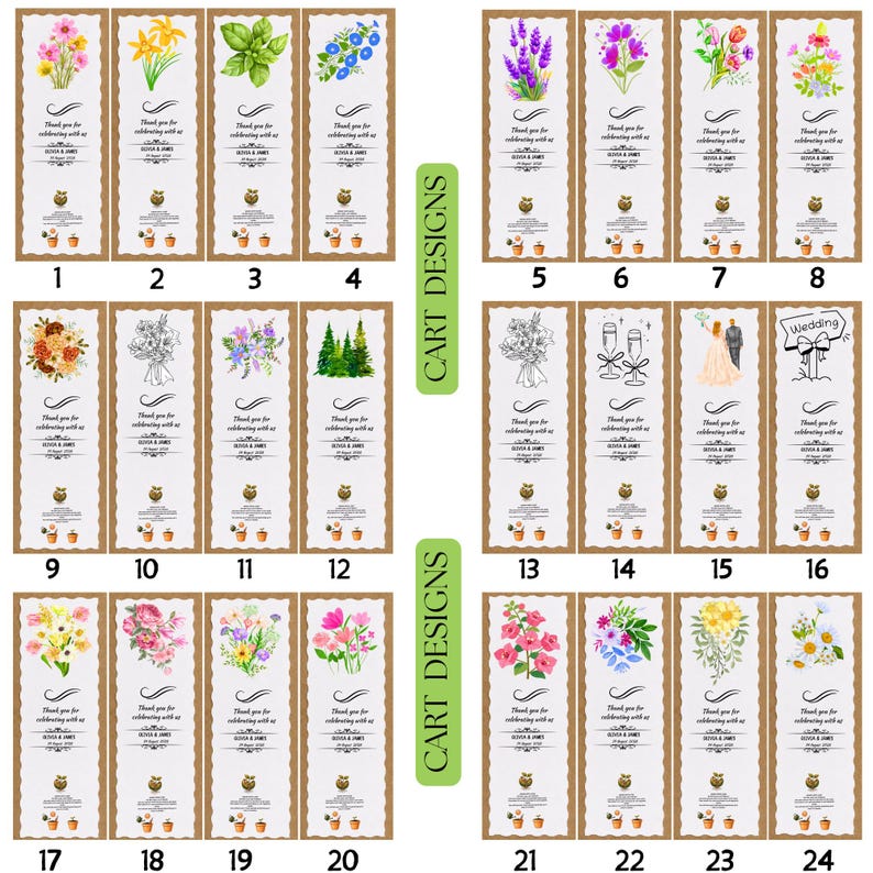 Pu&ograve; includere: Una collezione di 24 segnalibri, ognuno con un'illustrazione floreale o botanica unica. I segnalibri hanno un bordo marrone e includono il testo "Thank you for celebrating with us".
