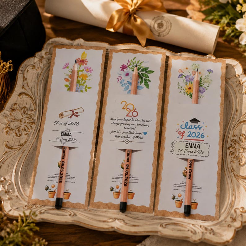 May include: Three rectangular paper cards with scalloped edges, each featuring a wooden pencil inserted through a slot. The cards display watercolor floral illustrations, the text Class of 2026, the name Emma, and the date 14 June 2026.