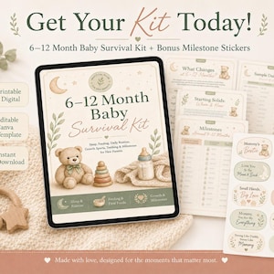 May include: A digital baby survival kit for 6-12 months, with milestone stickers. The kit includes a teddy bear, a bottle, and a wooden stacking toy. The tablet displays "6-12 Month Baby Survival Kit". Designed for new parents, it offers guidance on baby care.