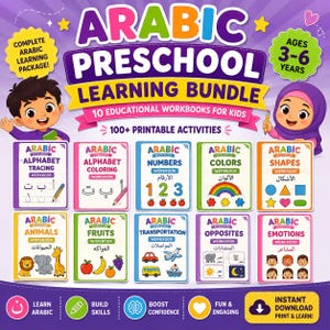 May include: An Arabic preschool learning bundle featuring ten educational workbooks for kids, including topics like alphabet tracing, numbers, colors, shapes, animals, fruits, transportation, opposites, and emotions, with colorful illustrations and text.