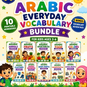 May include: A bundle of 10 Arabic vocabulary workbooks for children ages 3-6, featuring colorful illustrations of animals, fruits, vegetables, food, colors, clothes, family, body parts, transportation, and school objects with text labels.