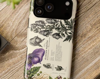 Monkshood Phone Case — Aconitum Napellus Vintage Botanical Illustration, Occult Plant Lore Gift, MagSafe Compatible