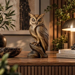 May include: A bronze-toned owl figurine with detailed carved feather textures, perched on a stylized branch base. The sculpture features pointed ear tufts, large circular eyes, and a sharp beak, finished with a smooth, polished metallic sheen.