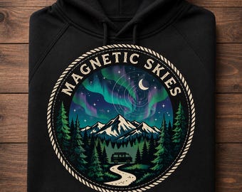 Sudadera con capucha Aurora Boreal, Sudadera con capucha Luces del Norte, Sudadera con capucha Aventura en la Montaña, Regalo de Naturaleza para la Vida en Furgoneta, Sudadera con capucha para Amantes del Camping