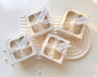 Personalized Peony Candle Favors, Lace & Pearl Wedding Gift, Bulk Elegant Bridal Keepsakes
