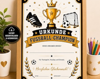 Fußball Urkunde Kindergeburtstag PDF | Fußball Champion Urkunde zum Ausdrucken | Personalisierbare Fußball Auszeichnung A4