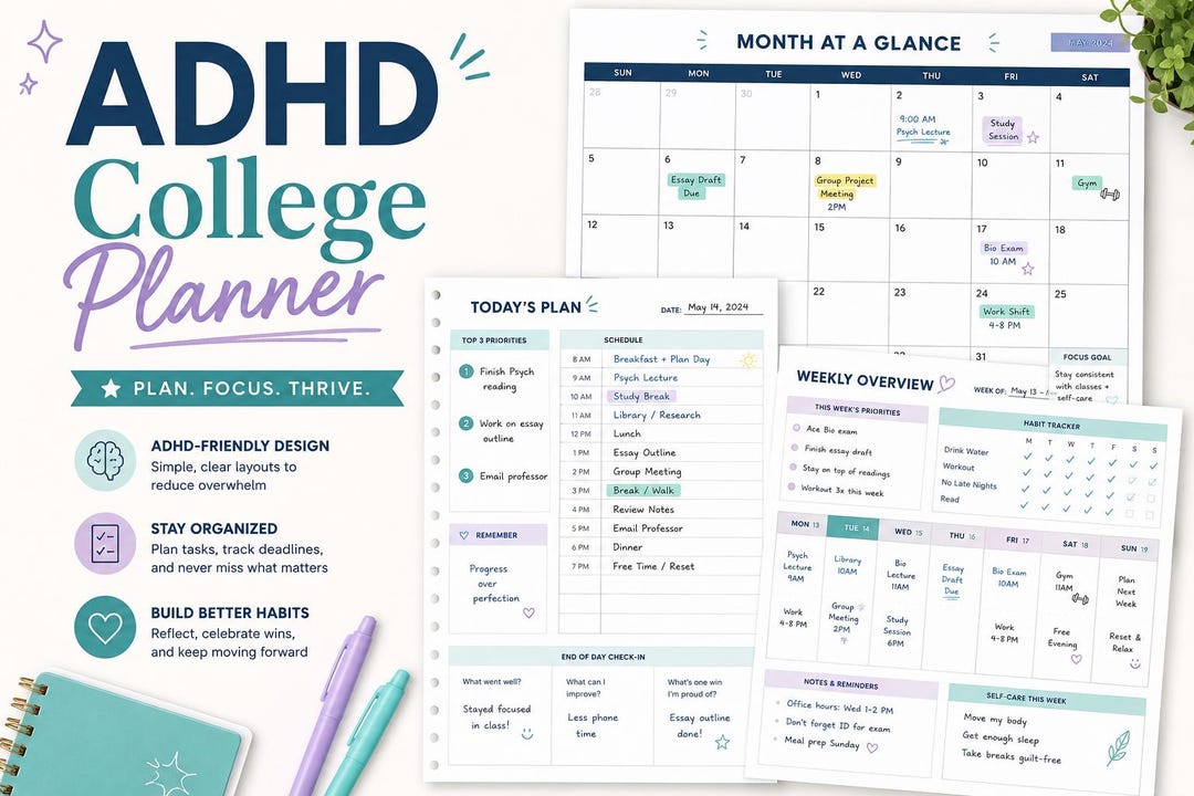 ADHD College Planner Printable, Student Planner, Class Schedule ...