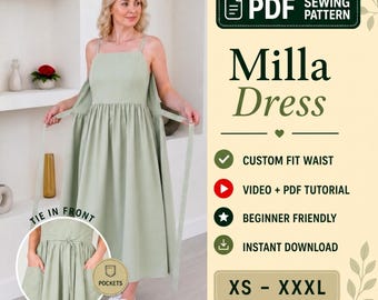 Wrap dress sewing pattern pdf with pockets, no zipper, linen midi dress, beginner friendly, XS to XXXL, summer dress, instant download