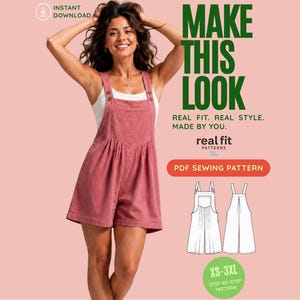 Mönster för damsparkdräkt i PDF-format, mönster för dungaree, mönster för korta overaller, sommarplaysuit, jumpsuitmönster, sömnadsmönster för plus size
